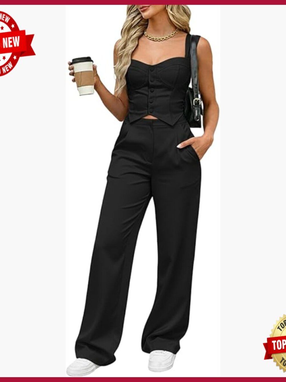 Women's 2-Piece Outfit Set Button Front Tank Top Wide Leg Pants